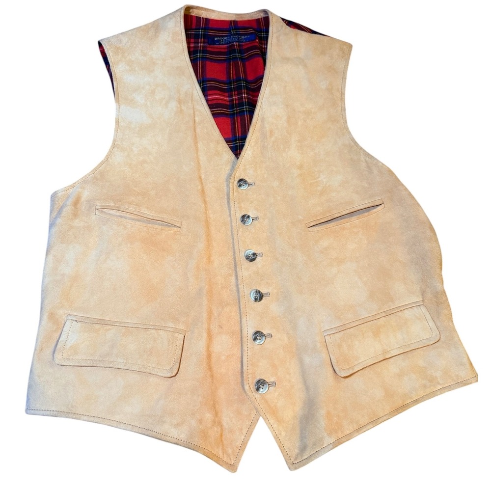 Brooks Brothers Mens M Tan Suede Leather Vest Red Tartan Plaid Back Waistcoat - Picture 4 of 10
